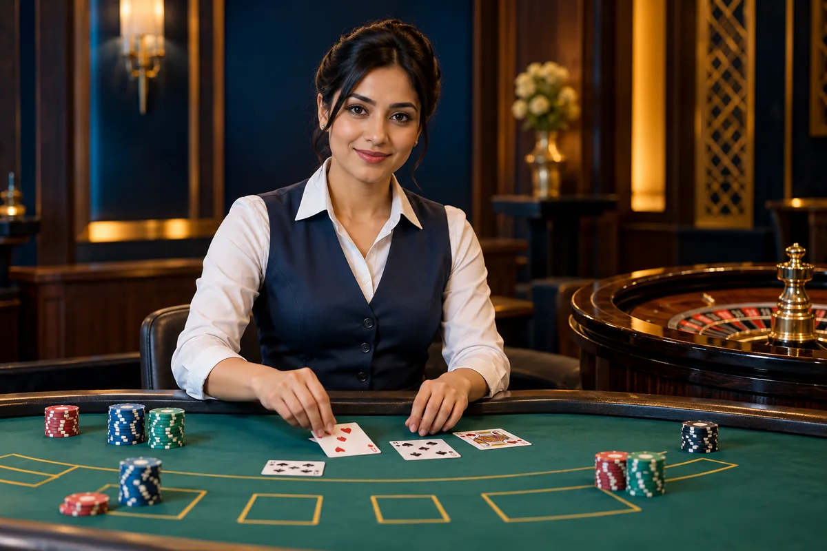 SpinRio India live casino guide illustration: an adult dealer with cards and chips at green felt, with a roulette wheel alongside.