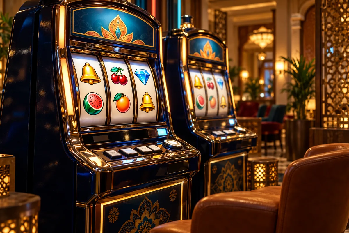 SpinRio India slots guide illustration: two unbranded slot cabinets with fruit, bell and diamond symbols.